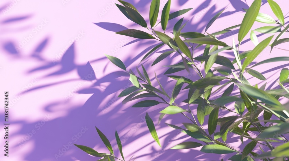 A close-up view of green leaves casting shadows on a pastel pink wall. A close-up view of green leaves casting shadows on a pastel pink wall.