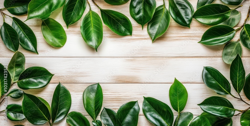 A decorative arrangement of green leaves on a wooden surface, creating a natural frame. A decorative arrangement of green leaves on a wooden surface, creating a natural frame.
