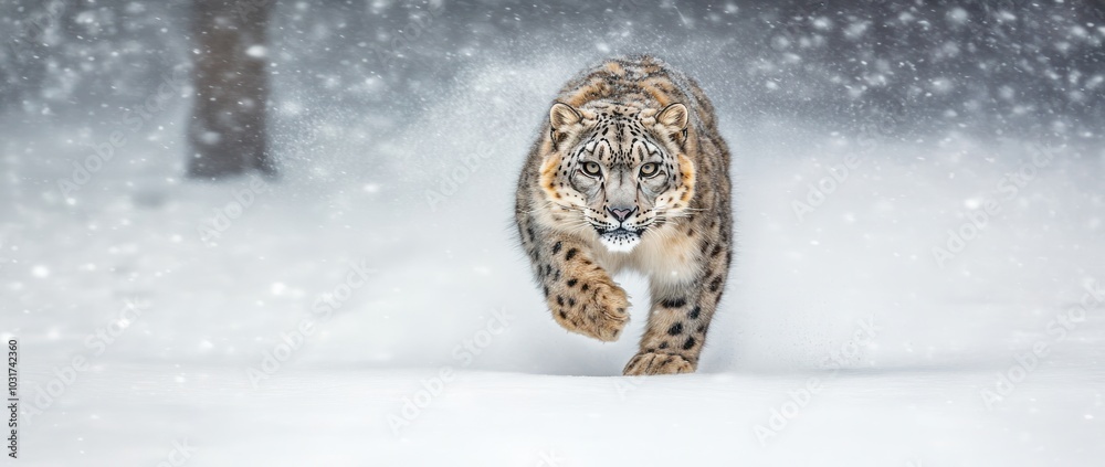 Obraz premium A snow leopard sprinting through a snowy landscape during a snowstorm.