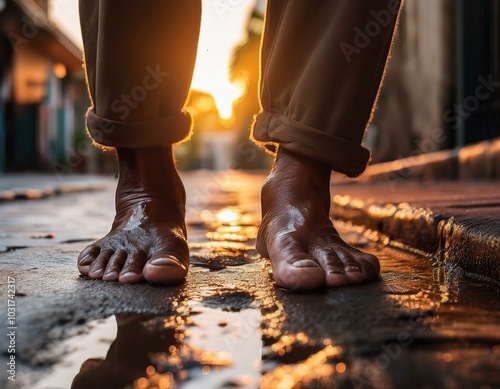 Los pies de un hombre pobre descalzo en la calle sobre un charco