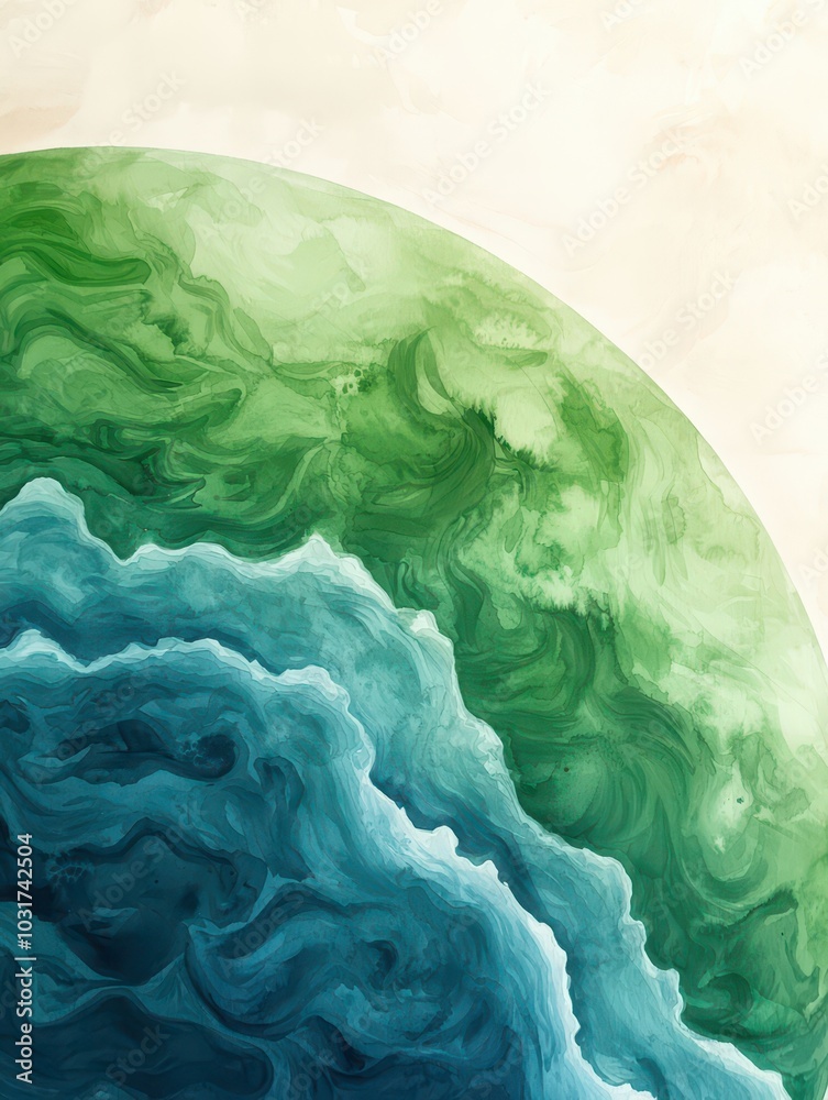 Delicate watercolor painting of Earth featuring vibrant green landmasses against a soft blue backdrop. Delicate watercolor painting of Earth featuring vibrant green landmasses against a soft blue backdrop.