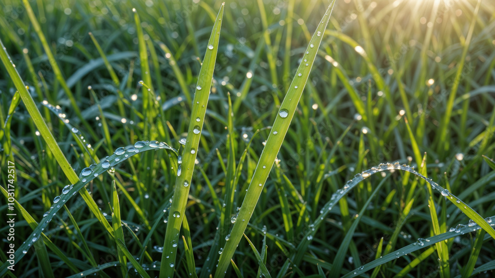 Obraz premium Morning Dew on Fresh Green Grass at Sunrise