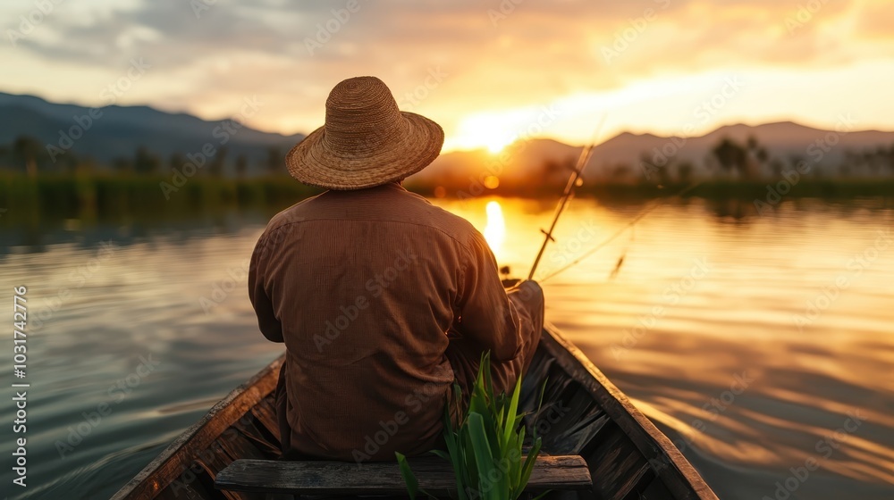 A man sits in his fishing boat, casting his line into the glowing waters as the sun sets in the horizon, creating a serene and reflective ambiance on the lake. A man sits in his fishing boat, casting his line into the glowing waters as the sun sets in the horizon, creating a serene and reflective ambiance on the lake.