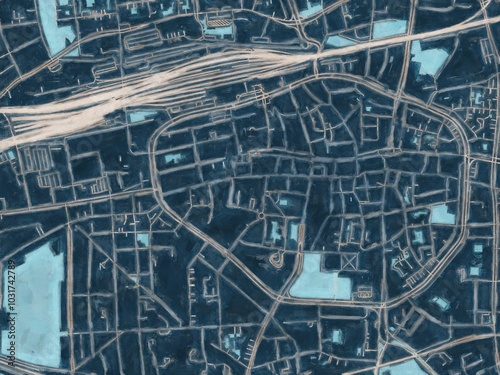 Painterly Style City Map of Dortmund Zentrum, Germany in a Blue Color Scheme.