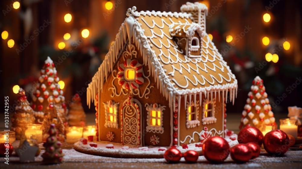 Festive Gingerbread House with Warm Glowing Windows Festive Gingerbread House with Warm Glowing Windows