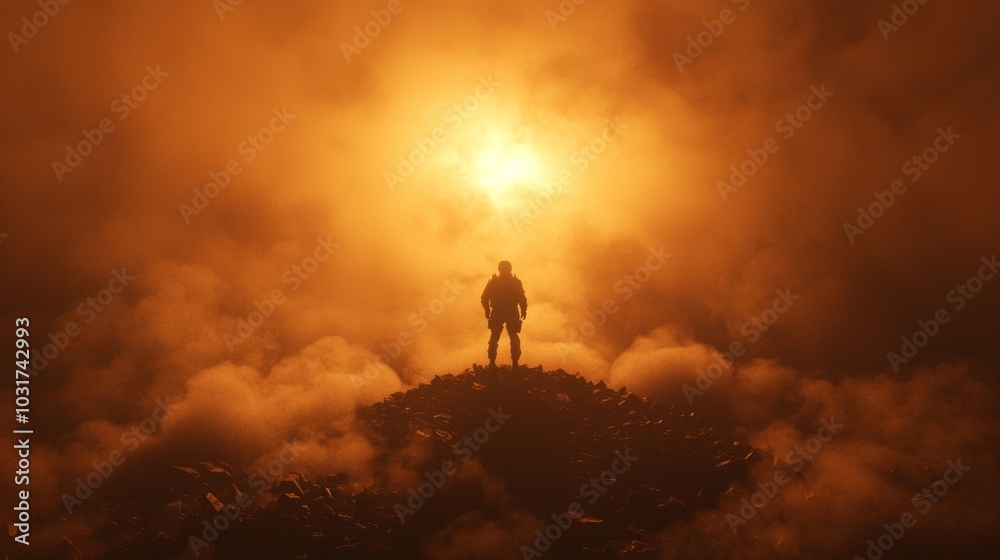 Futuristic Warrior on Hill Overlooking Chaos in Battlefield at Sunset - Ultra-Detailed 3D Render Illustration Futuristic Warrior on Hill Overlooking Chaos in Battlefield at Sunset - Ultra-Detailed 3D Render Illustration