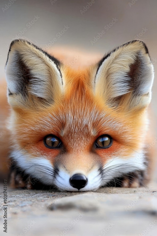 Obraz premium A red fox in a close-up, head rested on the ground, eyes wide open