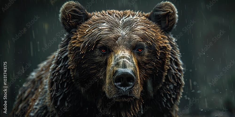 Obraz premium A close-up portrait of a bear with a thick, wet fur coat, set against a dark, rainy background. 
