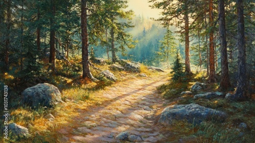 A serene forest path illuminated by sunlight, surrounded by trees and rocks.