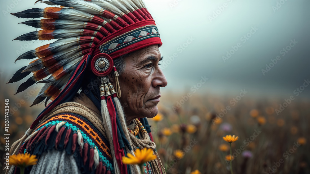 Elder in Traditional Headdress Among Vibrant Yellow Flowers Elder in Traditional Headdress Among Vibrant Yellow Flowers