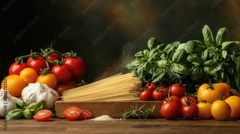 A vibrant assortment of tomatoes, basil, and pasta depict classic Italian cuisine, rich with freshness, ready to be transformed into a delightful meal masterpiece. A vibrant assortment of tomatoes, basil, and pasta depict classic Italian cuisine, rich with freshness, ready to be transformed into a delightful meal masterpiece.