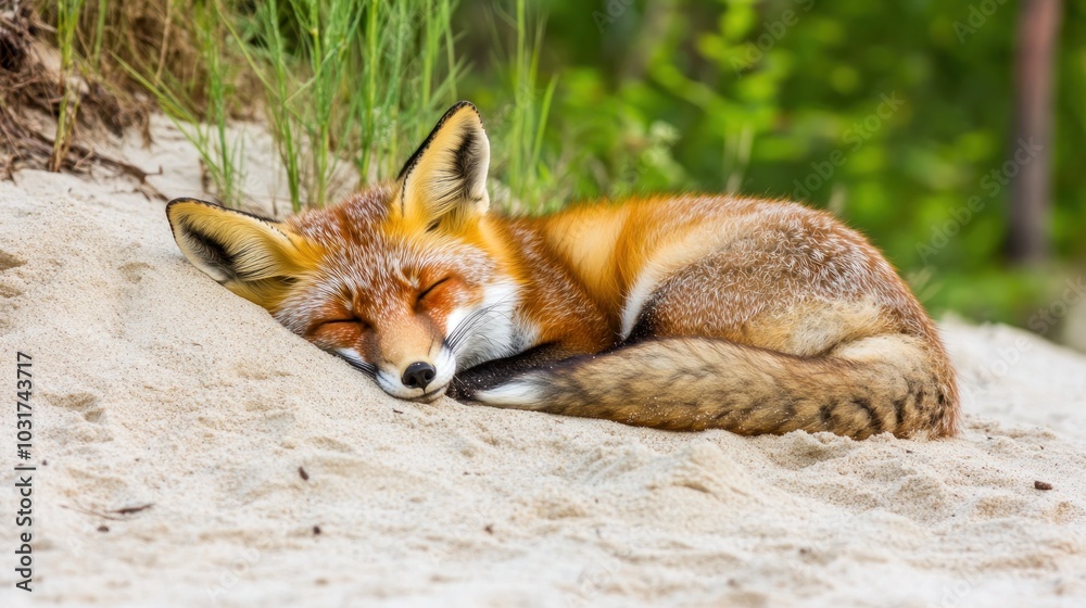A sleeping fox resting on sandy ground in a natural setting.