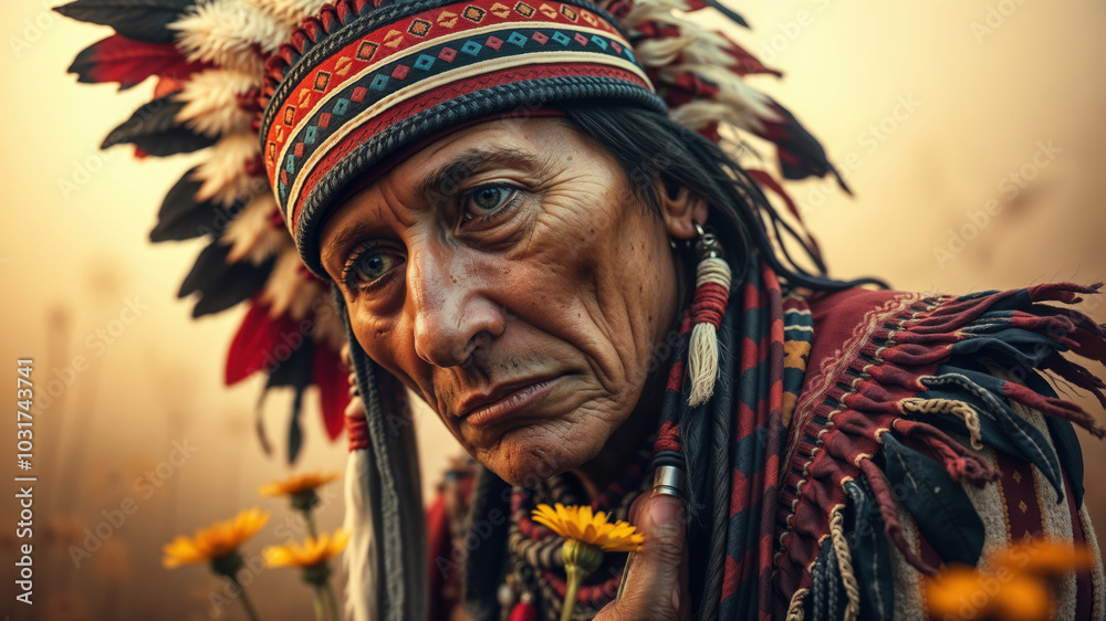 Elder in Traditional Headdress Among Vibrant Yellow Flowers