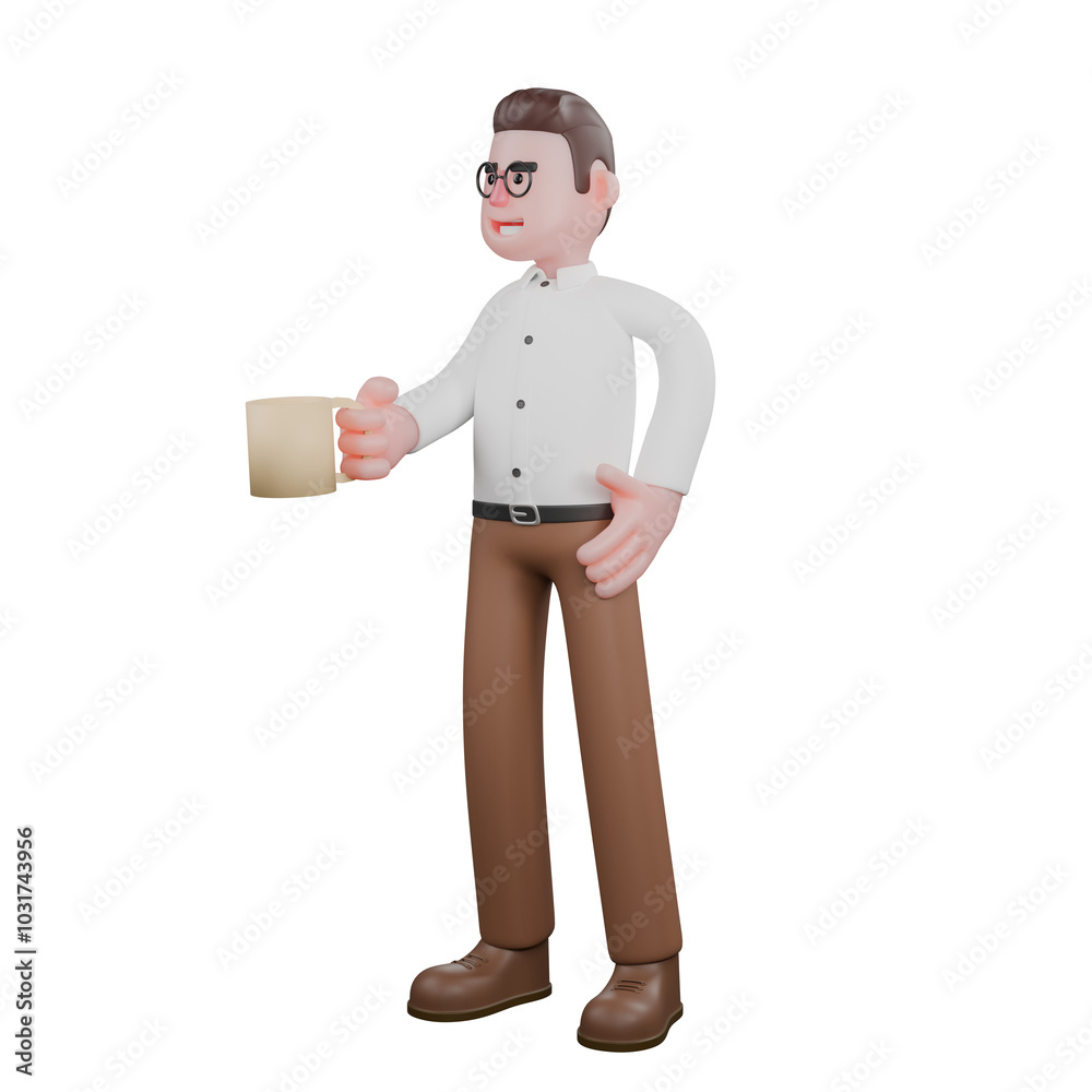 Male Sociologist in Societal 3D.  A male sociologist is standing while carrying a cup and glass. Societal