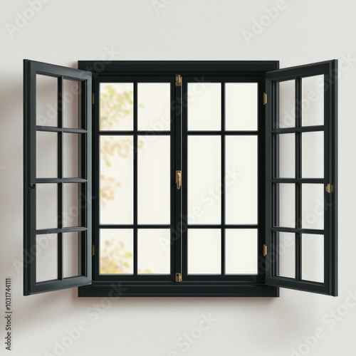 Open Black Window with Panes on White Wall Modern Home Design Element