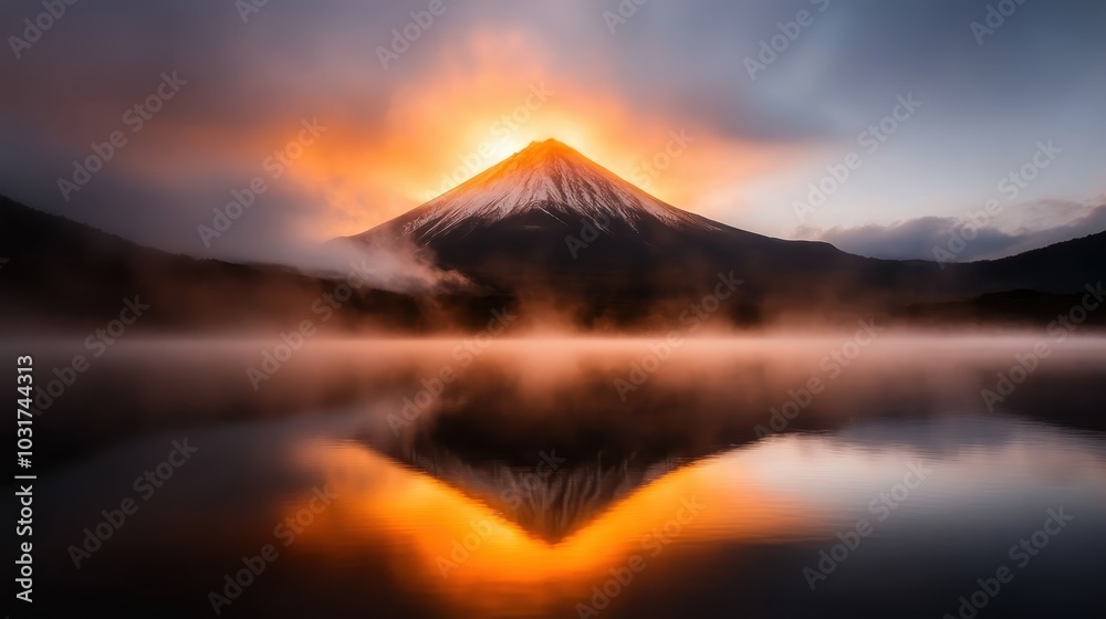 The volcano erupts amidst fiery clouds at dawn, casting a warm glow that is mirrored flawlessly in the lake, showcasing nature's raw power and beauty. The volcano erupts amidst fiery clouds at dawn, casting a warm glow that is mirrored flawlessly in the lake, showcasing nature's raw power and beauty.
