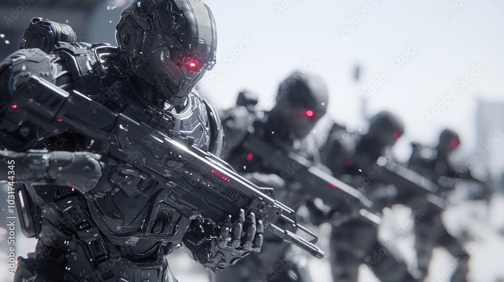 Fototapeta premium Futuristic Exoskeleton Soldiers in Urban Combat - Ultra-Detailed 3D Render Illustration