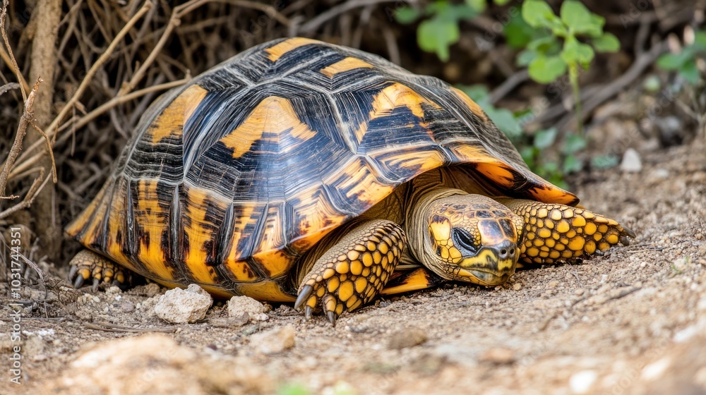 Obraz premium A close-up of a colorful tortoise resting on the ground among plants.