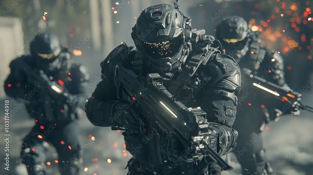 Elite Soldier Leading Charge in Futuristic Battle with Energy Weapons - 3D Render Illustration Elite Soldier Leading Charge in Futuristic Battle with Energy Weapons - 3D Render Illustration