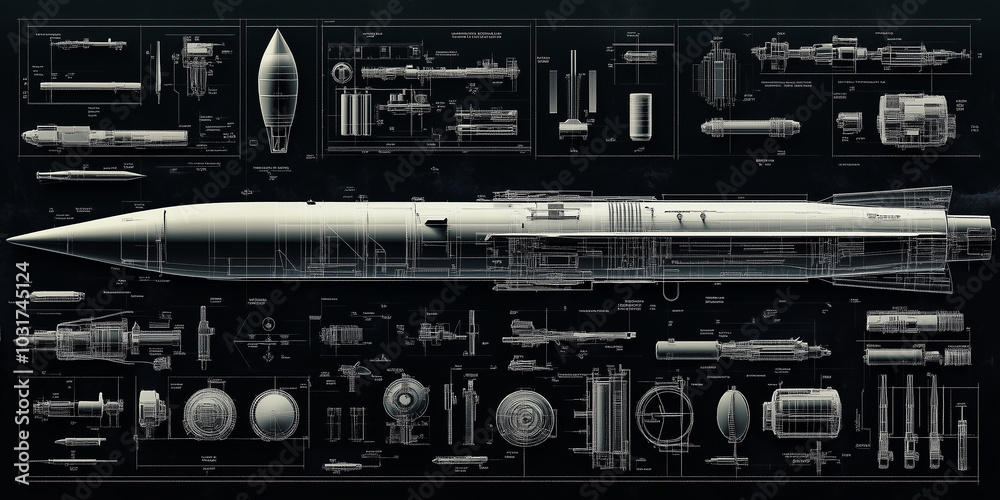 Detailed Display of Missile Construction and Technical Specifications: Body, Engine, Guidance System, and More, in Realistic Photography Style Detailed Display of Missile Construction and Technical Specifications: Body, Engine, Guidance System, and More, in Realistic Photography Style
