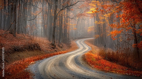 A winding dirt road through a forest in autumn, surrounded by trees with vibrant orange and yellow leaves. The scene is misty, creating a serene and tranquil atmosphere.