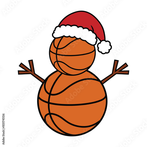 Cartoon basketball snowman with santa hat illustration