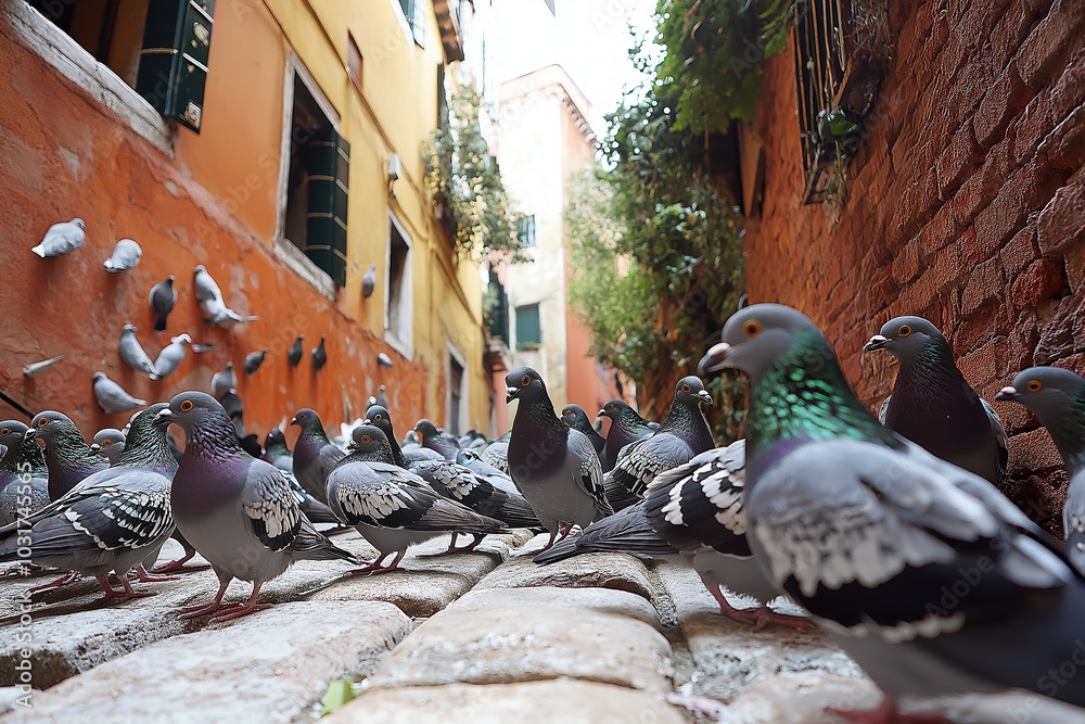Fototapeta premium Pigeons gather in chaotic flocks on the cobblestone streets of St. Marks Place in Venice