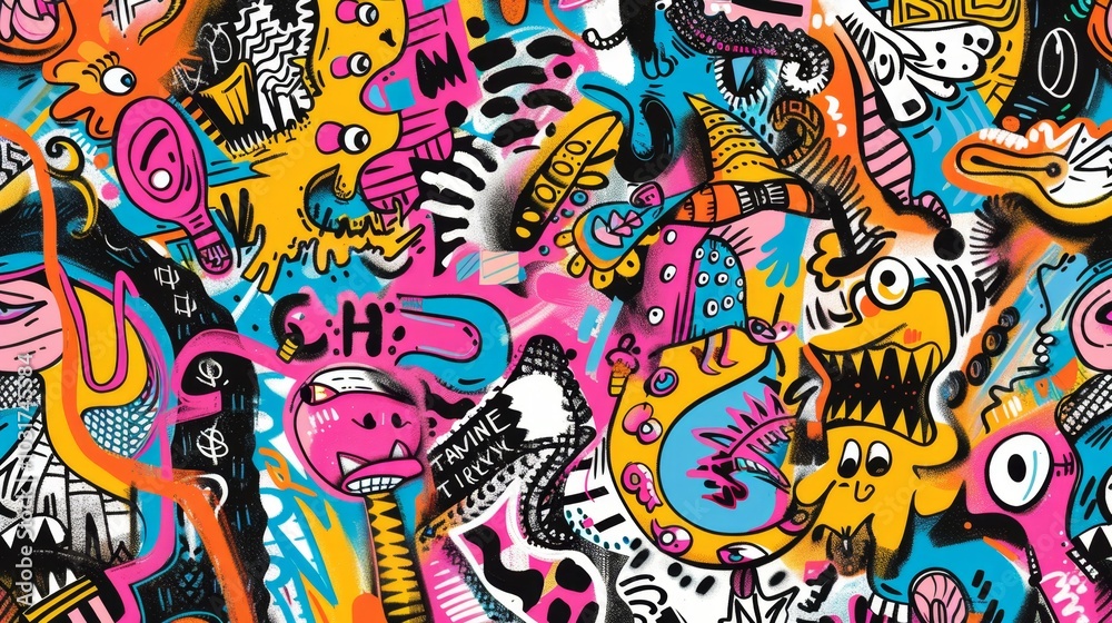 Colorful Abstract Graffiti Art with Various Patterns and Eyes Colorful Abstract Graffiti Art with Various Patterns and Eyes