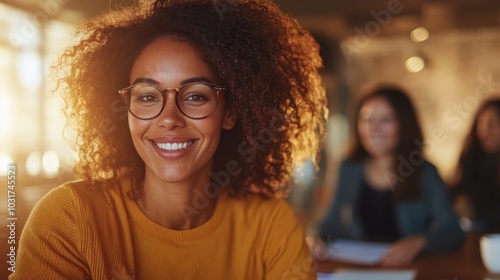 A young woman with curly hair and glasses, dressed in a mustard sweater, exudes confidence and warmth as she smiles brightly, set in a lively indoor environment.