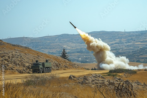 Launches missile from mountainous terrain in mediterrean northern region photo