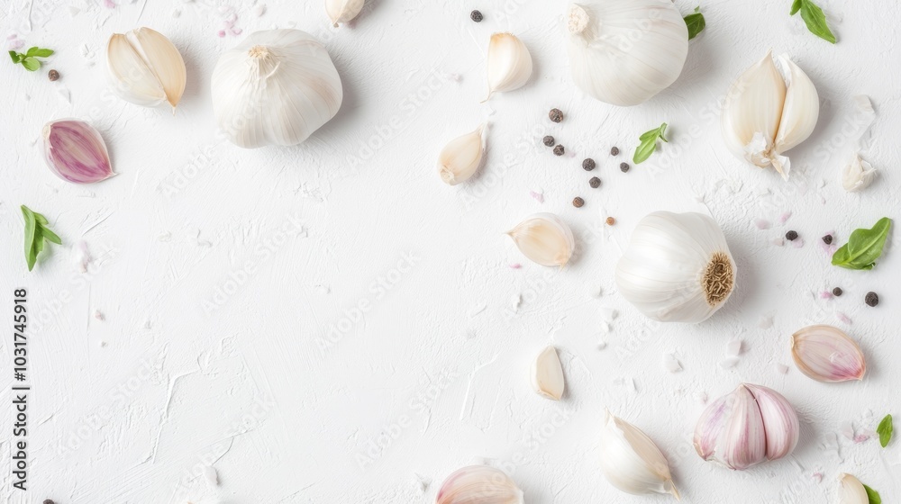 Garlic cloves, peppercorns, and salt on white background with copy space in the center. Garlic cloves, peppercorns, and salt on white background with copy space in the center.