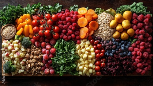 A colorful assortment of fresh fruits and vegetables arranged artfully.