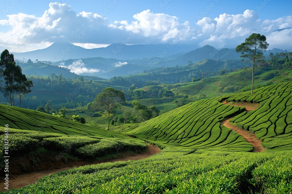 Lush green tea plantations in Lanka, showcasing rolling hills under a bright blue sky Lush green tea plantations in Lanka, showcasing rolling hills under a bright blue sky