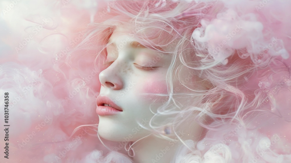 Serene Woman with Swirling Pink Hair and Dreamy Clouds Serene Woman with Swirling Pink Hair and Dreamy Clouds