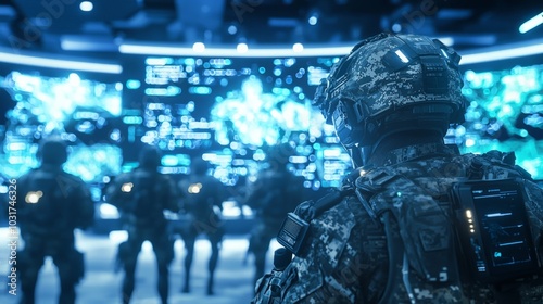 High-Tech Command Center in Futuristic Warfare 3D Render with Advanced Soldiers and Tactical Displays