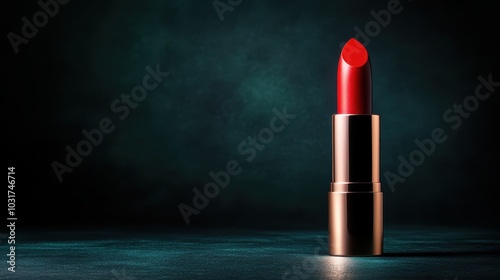 A striking red lipstick in sleek golden packaging, set against a sophisticated backdrop, symbolizing elegance and high fashion appeal. photo