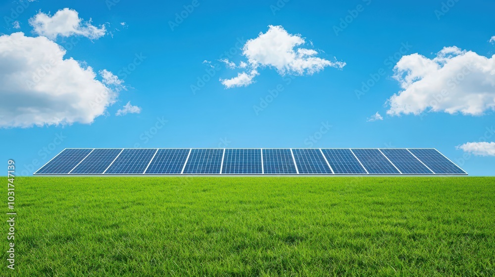 Solar Panels in a Lush Green Field Under a Clear Sky: Perfect for Environmental Messaging and Text Overlay Solar Panels in a Lush Green Field Under a Clear Sky: Perfect for Environmental Messaging and Text Overlay