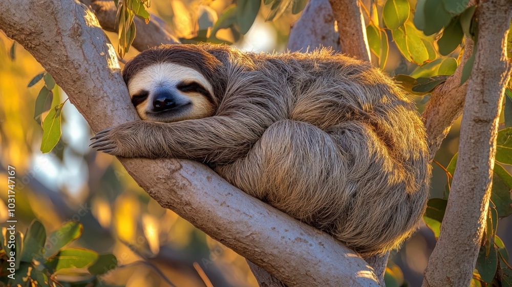 Fototapeta premium A sloth peacefully resting on a tree branch amidst lush foliage.