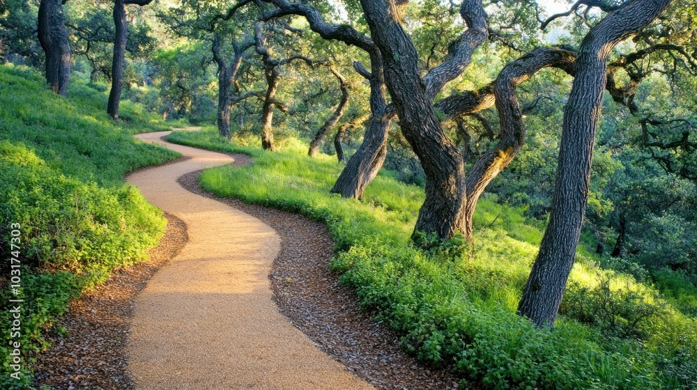 A winding path through a sunlit forest with lush greenery and oak trees. A winding path through a sunlit forest with lush greenery and oak trees.