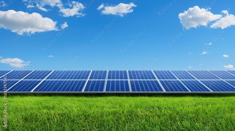 Solar Panels in a Lush Green Field Under a Clear Sky: Perfect for Environmental Messaging and Text Overlay Solar Panels in a Lush Green Field Under a Clear Sky: Perfect for Environmental Messaging and Text Overlay