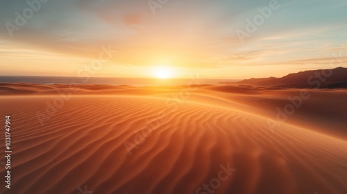 A picturesque view of golden sand dunes under a vibrant sunset sky, capturing the serene beauty and tranquility of the desert landscape in stunning detail.