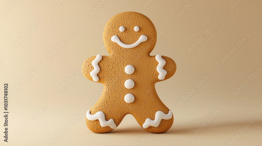 Fototapeta premium Minimalist 3D render of a gingerbread man with white icing details on a pastel cream background