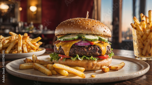 Delicious burger dripping with cheese served with fries