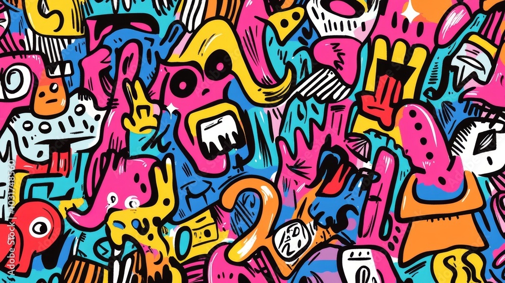 Vibrant Graffiti Art with Colorful Abstract Shapes and Creatures Vibrant Graffiti Art with Colorful Abstract Shapes and Creatures