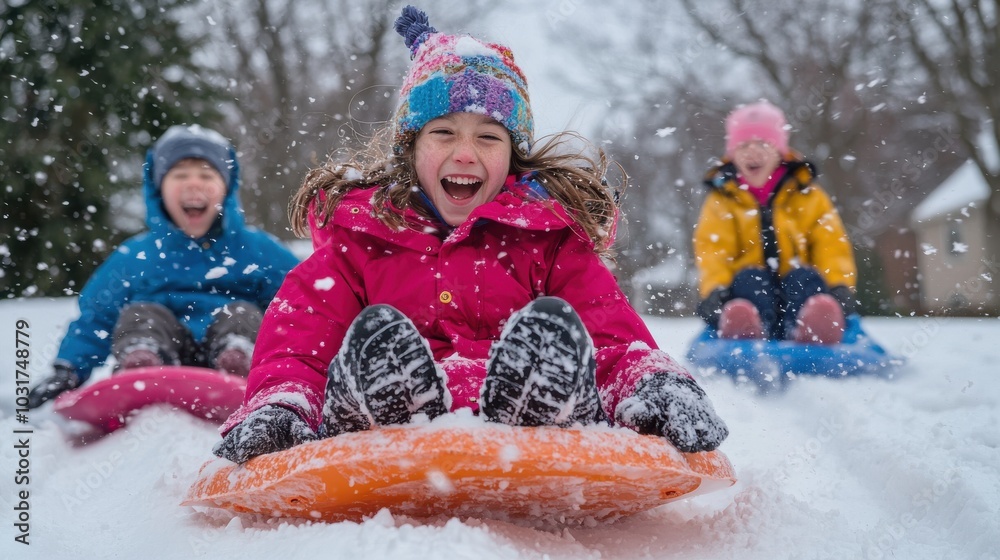 Children Sledding Down a Snowy Hill in a Neighborhood Park, Laughing and Bundled Up in Colorful Winter Gear Children Sledding Down a Snowy Hill in a Neighborhood Park, Laughing and Bundled Up in Colorful Winter Gear