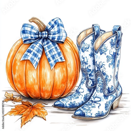 Watercolor pumpkin with plaid bow and chinoiserie boots, Hyper-realistic watercolor illustration of a vibrant pumpkin with a blue plaid bow on the stem, paired with chinoiserie coastal cowgirl boots,
