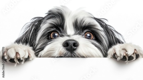 A cute dog peeking over a white surface with expressive eyes.