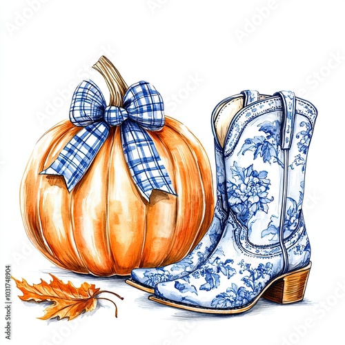Watercolor pumpkin with plaid bow and chinoiserie boots, Hyper-realistic watercolor illustration of a vibrant pumpkin with a blue plaid bow on the stem, paired with chinoiserie coastal cowgirl boots,
