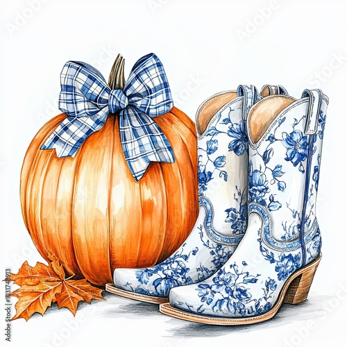 Watercolor pumpkin with plaid bow and chinoiserie boots, Hyper-realistic watercolor illustration of a vibrant pumpkin with a blue plaid bow on the stem, paired with chinoiserie coastal cowgirl boots,
