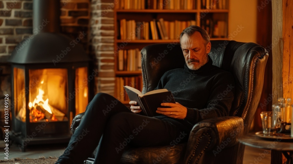 Man Reading a Book in a Leather Armchair by a Fireplace Man Reading a Book in a Leather Armchair by a Fireplace